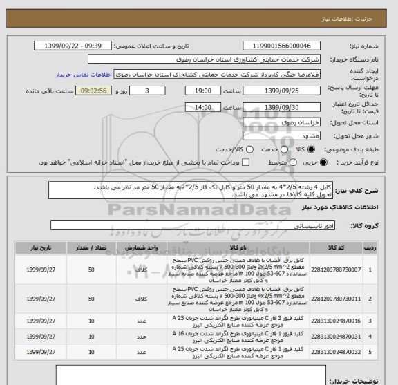 استعلام کابل 4 رشته 2/5*4 به مقدار 50 متر و کابل تک فاز 2/5*2به مقدار 50 متر مد نظر می باشد.
تحویل کلیه کالاها در مشهد می باشد.