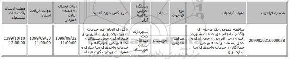 مناقصه عمومی یک مرحله ای واگذاری انجام امور خدمات شهری رفت و روب، لایروبی و جمع آوری و حمل پسماند و نخاله نواحی چهارگانه و خدمات واحدهای زیبا سازی و ع