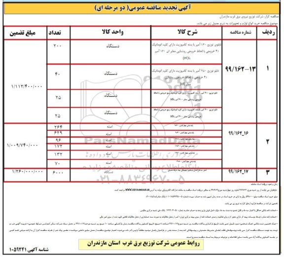 تجدید مناقصه، تجدید مناقصه خرید انواع لوازم و تجهیزات 