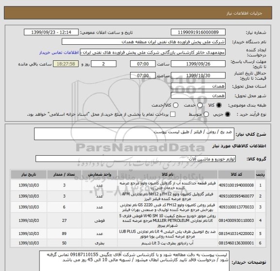 استعلام  ضد یخ / روغن / فیلتر / طبق لیست پیوست