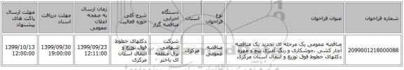 مناقصه عمومی یک مرحله ای تجدید یک مناقصه آچار کشی ،جوشکاری  و رنگ آمیزی پیچ و مهره دکلهای خطوط فوق توزیع و انتقال استان مرکزی         