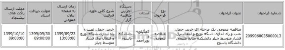 مناقصه عمومی یک مرحله ای خرید، حمل، نصب و راه اندازی شبکه توزیع و انتقال برق فشار متوسط چیلر دانشکده منابع طبیعی دانشگاه یاسوج