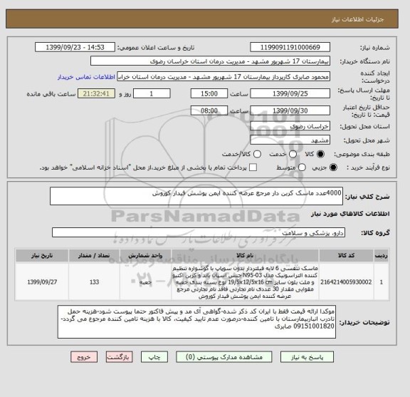 استعلام 4000عدد ماسک کربن دار مرجع عرضه کننده ایمن پوشش فیدار کوروش