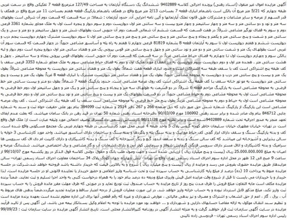 آگهی مزایده ششدانگ یک دستگاه آپارتمان به مساحت 127/49 مترمربع قطعه