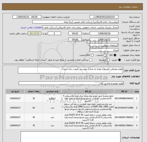 استعلام لوازم مصرفی خودرو(با توجه به مدارک پیوستی قیمت داده شود)