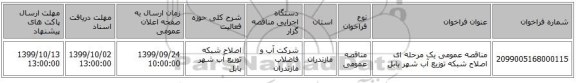 مناقصه عمومی یک مرحله ای اصلاح شبکه توزیع آب شهر بابل