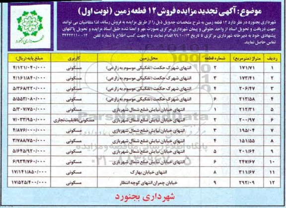 مزایده،مزایده تجدید فروش 12 قطعه زمین مسکونی نوبت اول 