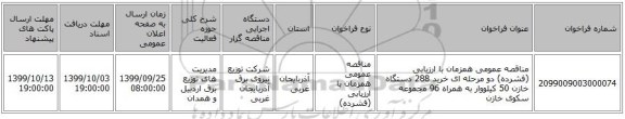 مناقصه عمومی همزمان با ارزیابی (فشرده) دو مرحله ای خرید 288 دستگاه خازن 50 کیلووار به همراه 96 مجموعه سکوی خازن 