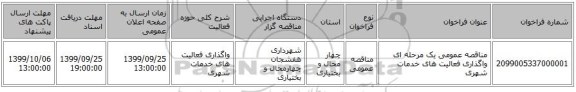 مناقصه عمومی یک مرحله ای واگذاری فعالیت های خدمات شهری 