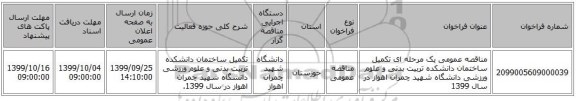 مناقصه عمومی یک مرحله ای  تکمیل ساختمان دانشکده تربیت بدنی و علوم ورزشی دانشگاه شهید چمران اهواز در سال 1399 