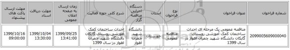 مناقصه عمومی یک مرحله ای  احداث ساختمان کمک آموزشی روستای گایکان دانشگاه شهید چمران اهواز در سال 1399 