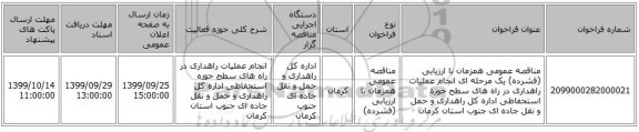 مناقصه عمومی همزمان با ارزیابی (فشرده) یک مرحله ای انجام عملیات راهداری در راه های سطح حوزه استحفاظی اداره کل راهداری و حمل و نقل جاده ای جنوب استان کرمان