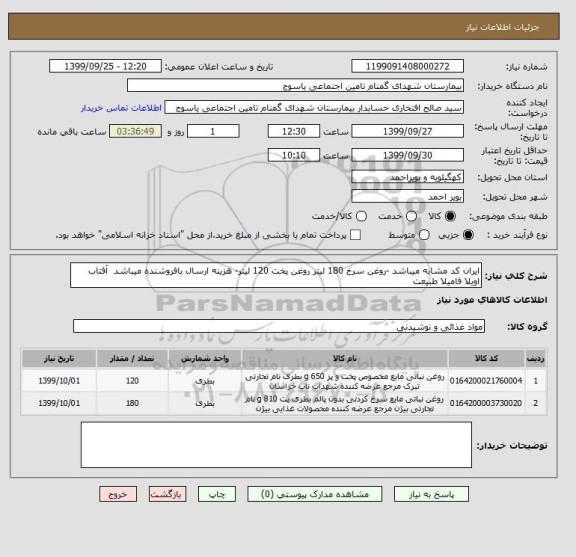 استعلام ایران کد مشابه میباشد -روغن سرخ 180 لیتر روغن پخت 120 لیتر- هزینه ارسال بافروشنده میباشد  آفتاب اویلا فامیلا طبیعت