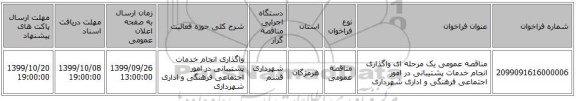 مناقصه عمومی یک مرحله ای واگذاری انجام خدمات پشتیبانی در امور اجتماعی فرهنگی و اداری شهرداری