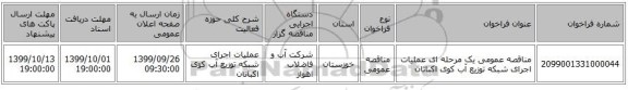 مناقصه عمومی یک مرحله ای عملیات اجرای شبکه توزیع آب کوی اکباتان