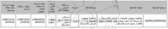 مناقصه عمومی همزمان با ارزیابی (فشرده) یک مرحله ای جهت تهیه و نصب مبلمان شهری واقع در شهر جدید هشتگرد