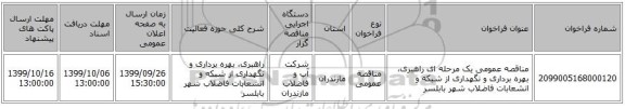 مناقصه، مناقصه عمومی یک مرحله ای راهبری، بهره برداری و نگهداری , سامانه تدارکات الکترونیکی دولت 