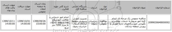 مناقصه عمومی یک مرحله ای انجام کلیه امور مربوط به خدمات نظافتی و نگهبانی اموزشگاههای اداره اموزش و پرورش منطقه تبادکان 