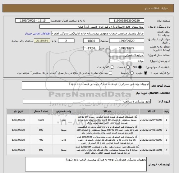 استعلام تجهیزات پزشکی مصرفی(با توجه به مدارک پیوستی قیمت داده شود)