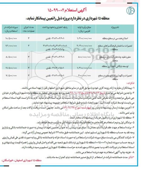 آگهی استعلام, استعلام اصلاح هندسی در سطح منطقه ... 