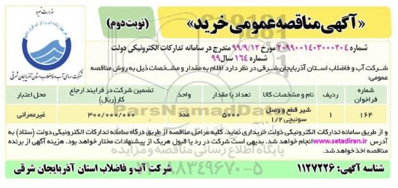 مناقصه, مناقصه شیر قطع و وصل سوئیچی 1/2  - نوبت دوم 