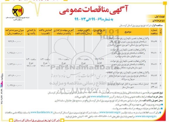 مناقصات عمومی، مناقصه واگذاری فعالیت تعمیر، نگهداری، رفع حوادث و اتفاقات شبکه های ... 