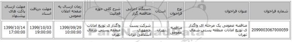 مناقصه عمومی یک مرحله ای واگذار ی توزیع امانات منطقه پستی شمال  تهران