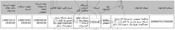 مناقصه عمومی دو مرحله ای تبدیل شبکه سیم مسی به کابل خودنگهدار توزیع  برق شهرستان سقز