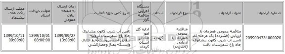 مناقصه عمومی همزمان با ارزیابی (فشرده) یک مرحله ای تامین آب شرب کانون عشایری چاه زاغ شهرستان بافت