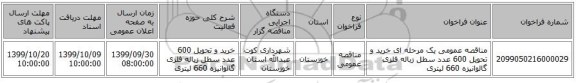 مناقصه عمومی یک مرحله ای خرید و تحویل 600 عدد سطل زباله فلزی گالوانیزه 660 لیتری