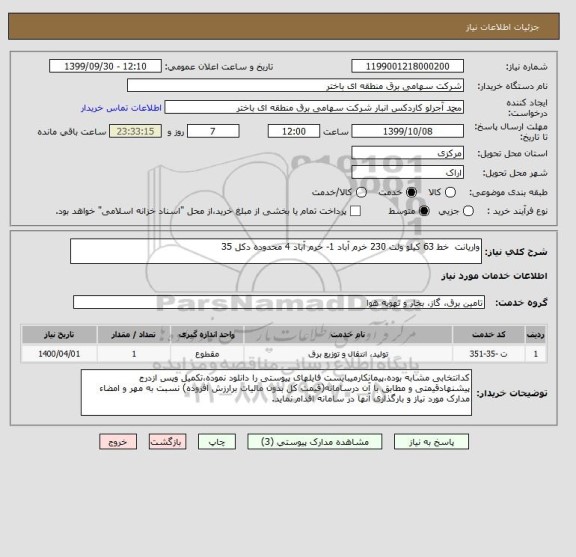 استعلام واریانت  خط 63 کیلو ولت 230 خرم آباد 1- خرم آباد 4 محدوده دکل 35