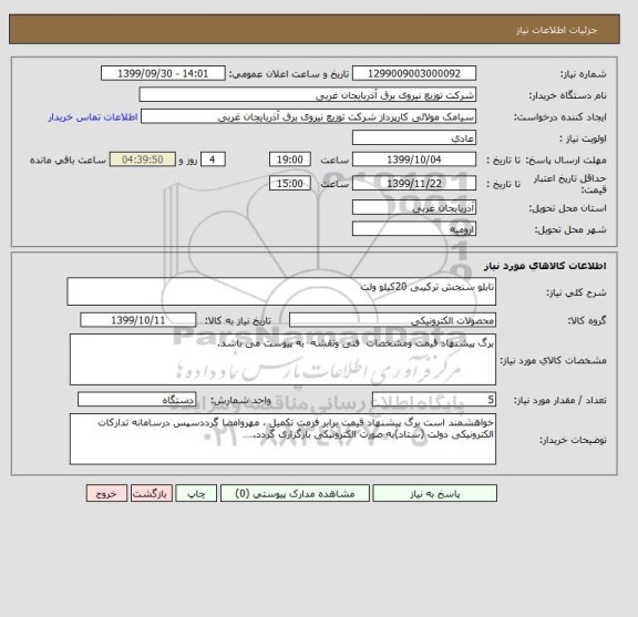 استعلام تابلو سنجش ترکیبی 20کیلو ولت