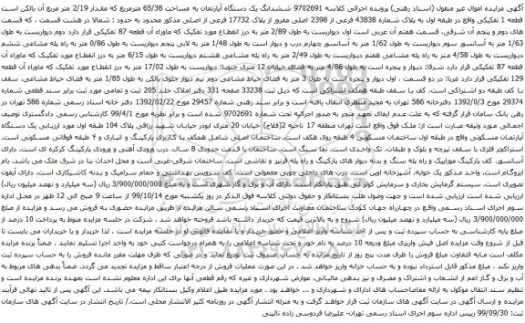 آگهی مزایده ششدانگ یک دستگاه آپارتمان به مساحت 65/38 مترمربع که مقدار 2/19 متر مربع