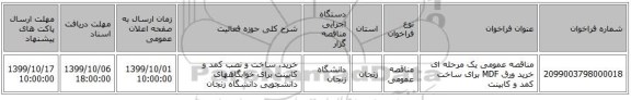 مناقصه عمومی یک مرحله ای  خرید ورق MDF برای ساخت کمد و کابینت