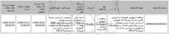 مناقصه عمومی همزمان با ارزیابی (فشرده) یک مرحله ای تعمیرات اساسی میدان مسیر ورودی بندر,ساماندهی فضای سبز,بهسازی و تعمیرات اساسی جاده بندر امیرآباد(27-99) 