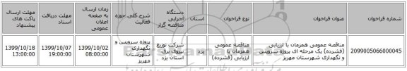 مناقصه عمومی همزمان با ارزیابی (فشرده) یک مرحله ای پروژه سرویس و نگهداری شهرستان مهریز