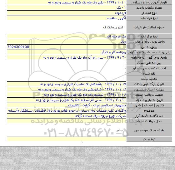 واگذاری کلیه عملیات برق رسانی درحوزه های توزیع برق لاهیجان ٬سیاهکل وآستانه