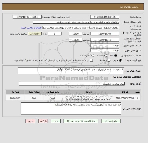 استعلام قند خرد شده ده کیلویی(بسته بندی نایلونی درجه یک) 3000کیلوگرم