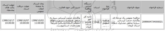 مناقصه عمومی یک مرحله ای واگذاری خدمت آبرسانی سیاربه مناطق عشایری شمال استان کرمان