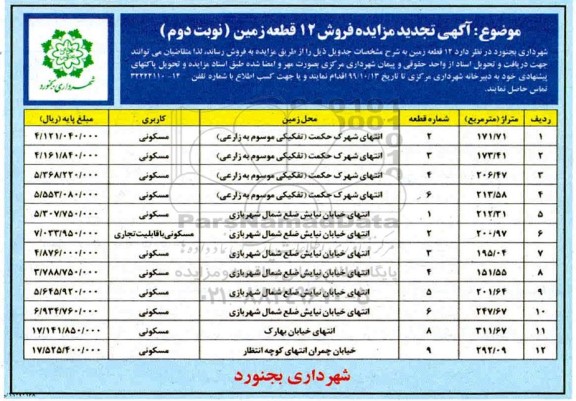 مزایده،مزایده تجدید فروش 12 قطعه زمین مسکونی نوبت دوم 