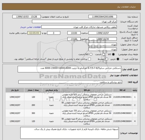 استعلام دستکش جراحی سایز6/5-7-7/5-8 هرکدام به ترتیب 6000-10000-15000-6000 عدد