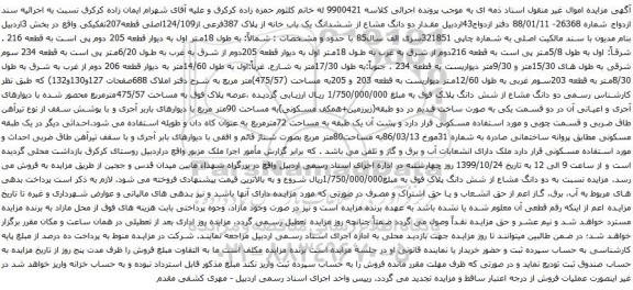 آگهی مزایده مقدار دو دانگ مشاع از ششدانگ یک باب خانه از پلاک 387فرعی از124/109اصلی قطعه207تفکیکی