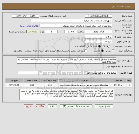 استعلام مطالعه و طراحی و هدایت آبهای سطحی شهر مطابق شرح خدمات پیوست و پیشنهاد راهکارهای اصلاحی به متراژ 800 هکتار