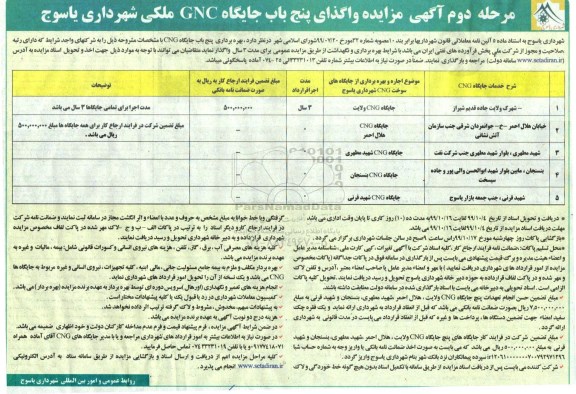 مزایده مزایده واگذاری پنج باب جایگاه CNG ملکی شهرداری -  مرحله دوم 