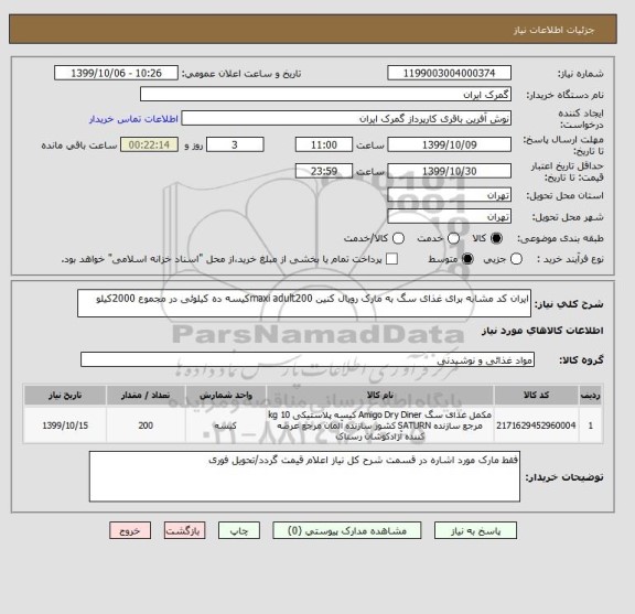 استعلام ایران کد مشابه برای غذای سگ به مارک رویال کنین maxi adult200کیسه ده کیلوئی در مجموع 2000کیلو 