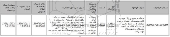 مناقصه عمومی یک مرحله ای برونسپاری راهبری ، بهره برداری  و ... منابع تامین آب و...شبکه های آب شرب روستایی شهرستان تویسرکان