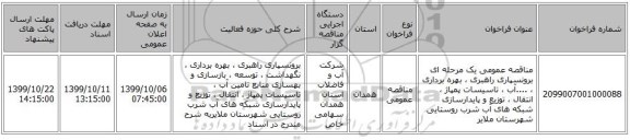 مناقصه عمومی یک مرحله ای برونسپاری راهبری ، بهره برداری ، ....آب ، تاسیسات پمپاژ ، انتقال ، توزیع و پایدارسازی شبکه های آب شرب روستایی شهرستان ملایر