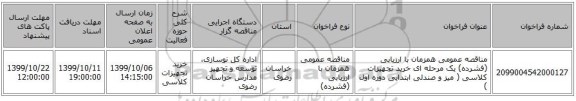 مناقصه عمومی همزمان با ارزیابی (فشرده) یک مرحله ای خرید تجهیزات کلاسی ( میز و صندلی ابتدایی دوره اول ) 