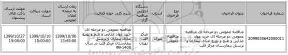 مناقصه عمومی دو مرحله ای مناقصه عمومی دو مرحله ای خرید مواد غذایی و طبخ و توزیع غذای بیماران و پرسنل بیمارستان مرکز قلب                               