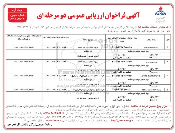 آگهی فراخوان مناقصه عمومی ,مناقصه خرید قطعات BALL VALVE... 